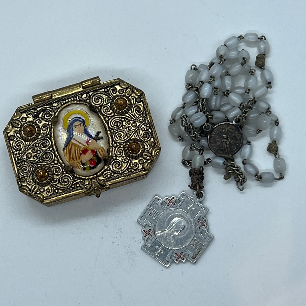 French Art Nouveau Rosary/pill/trinket box painted mother of pearl with crusad